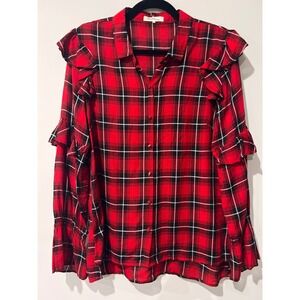 Rocks & Indigo Womens Red Plaid Ruffle Sleeve Button Up Shirt Size Large Western